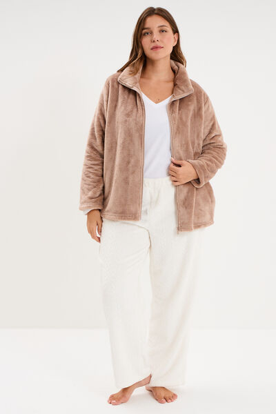 Veste pyjama effet polaire col montant beige femme grande taille