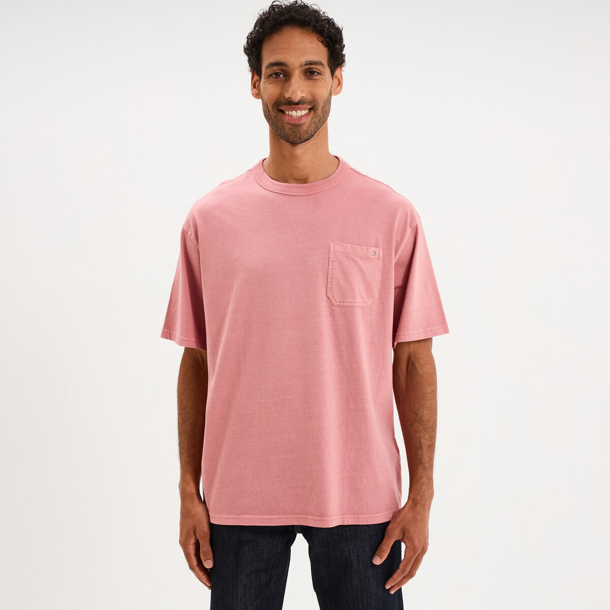 T-shirt droit col rond 1 poche coton vieux rose homme