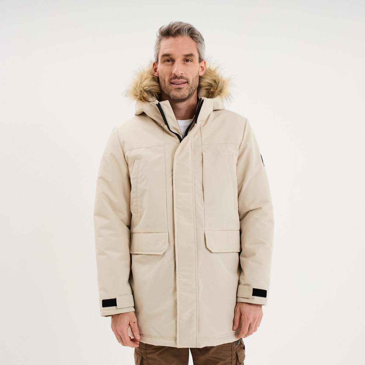 Parka &agrave; capuche fausse fourrure gris argent homme
