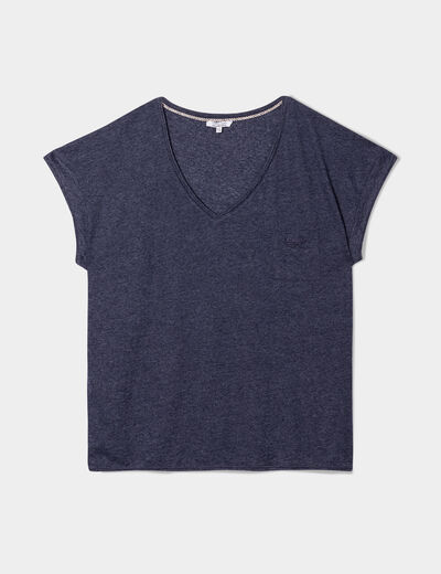 T-shirt effet chiné col en V avec poche bleu foncé femme grande taille