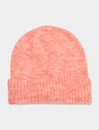Bonnet maille c&ocirc;tel&eacute;e rose corail femme