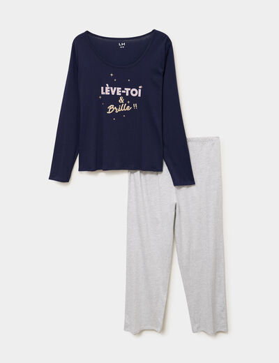 Ensemble pyjama 2 pi&egrave;ces coton bleu marine femme grande taille