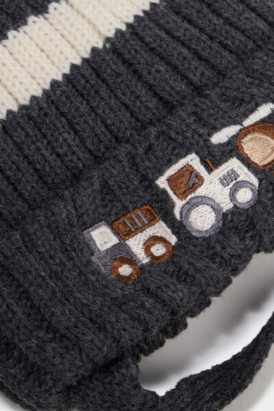 Bonnet brod&eacute; &agrave; pompon gris fonc&eacute; b&eacute;b&eacute; gar&ccedil;on