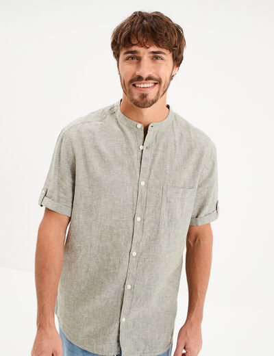 Chemise col mao lin m&eacute;lang&eacute; vert kaki homme