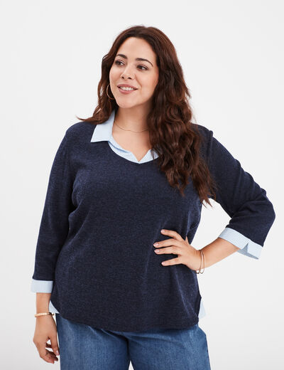 Pull effet 2-en-1 avec manches 3/4 bleu marine femme grande taille