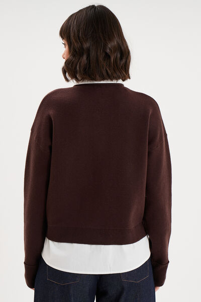 Cardigan 2 en 1 bi-mati&egrave;re boutonn&eacute; marron fonc&eacute; femme