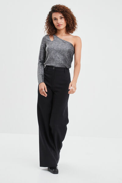 T-shirt asymétrique métallisé ouverture noir femme