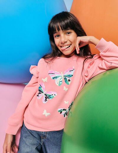Sweat manches longues avec volants rose fille