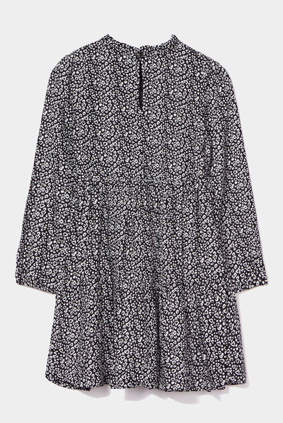 Robe trapèze col montant à volants noir fille