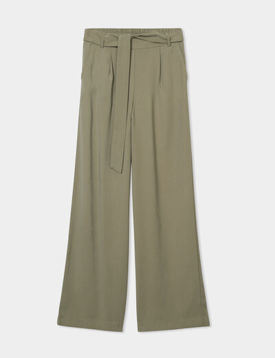Pantalon large fluide élastiqué vert kaki femme