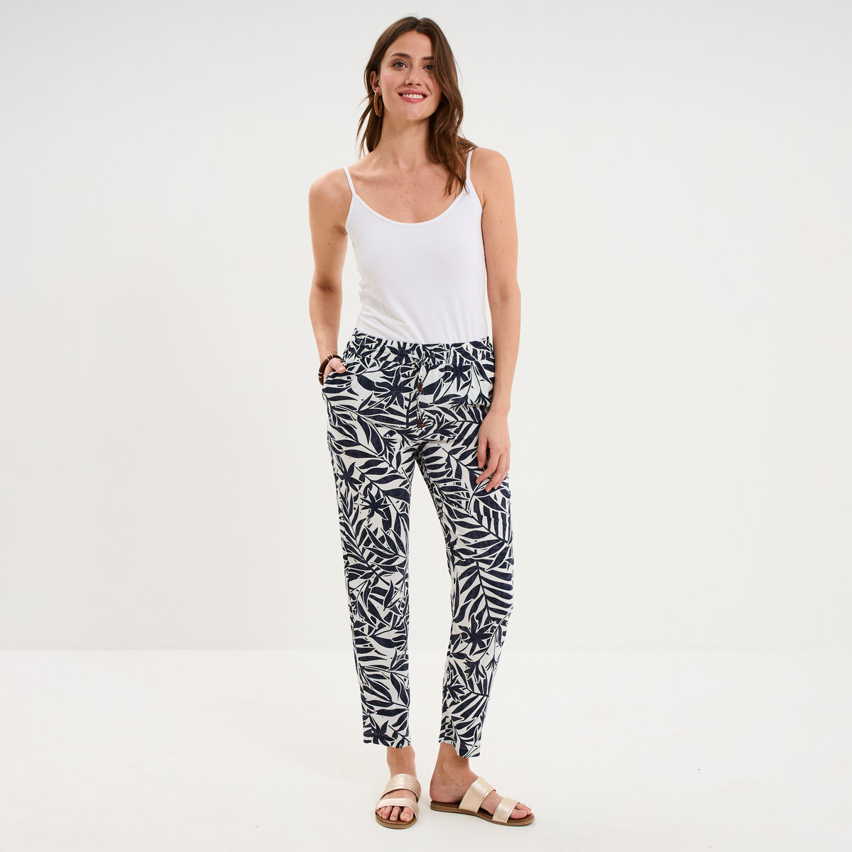 Pantalon cigarette fluide &agrave; ceinture ecru femme