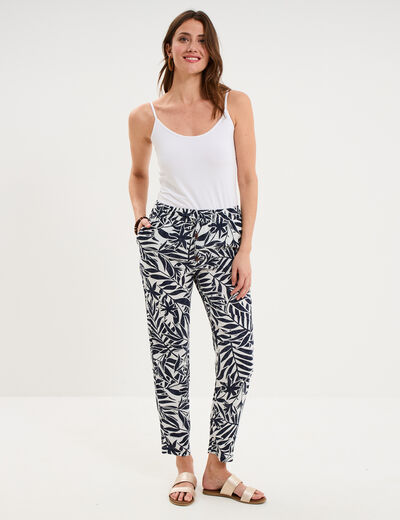 Pantalon cigarette fluide &agrave; ceinture ecru femme