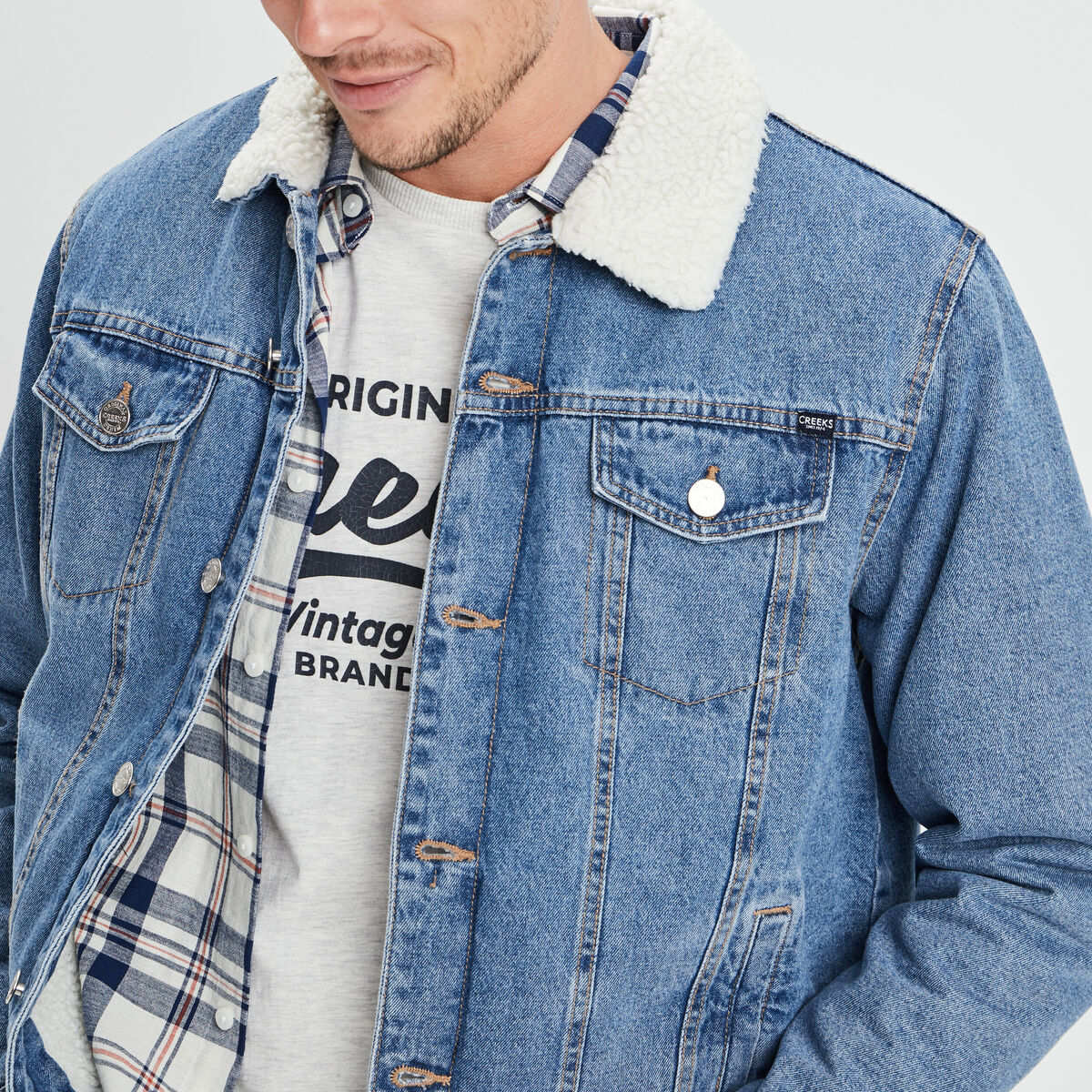 Veste en jean col fourré denim double stone homme