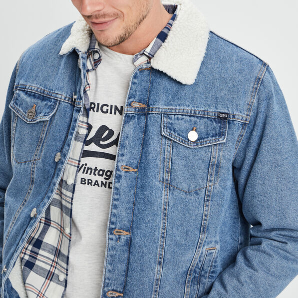 Veste en jean col fourré denim double stone homme