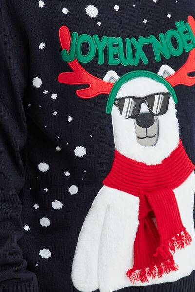 Pull de Noël détails fausse fourrure bleu marine homme