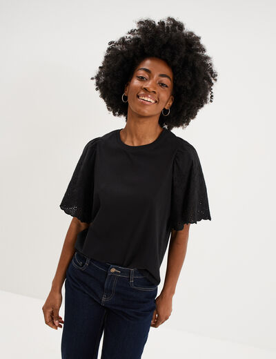 T-shirt manches broderie anglaise coton noir femme