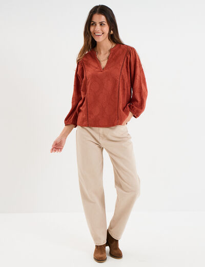 T-shirt ajouré manches 3/4 col en V vieux rose femme