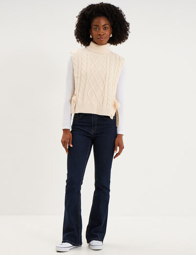 Pull poncho col roul&eacute; sans manches sable femme