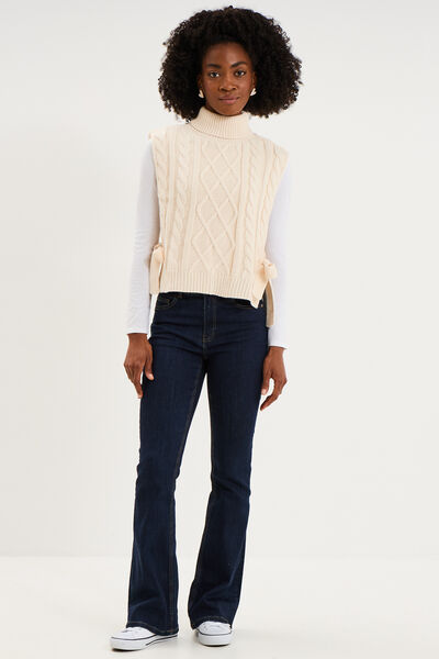 Pull poncho col roul&eacute; sans manches sable femme