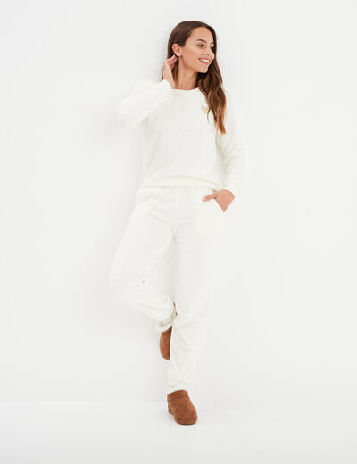 Ensemble pyjama effet polaire col rond blanc femme