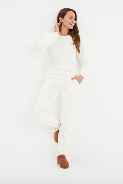 Ensemble pyjama effet polaire col rond blanc femme