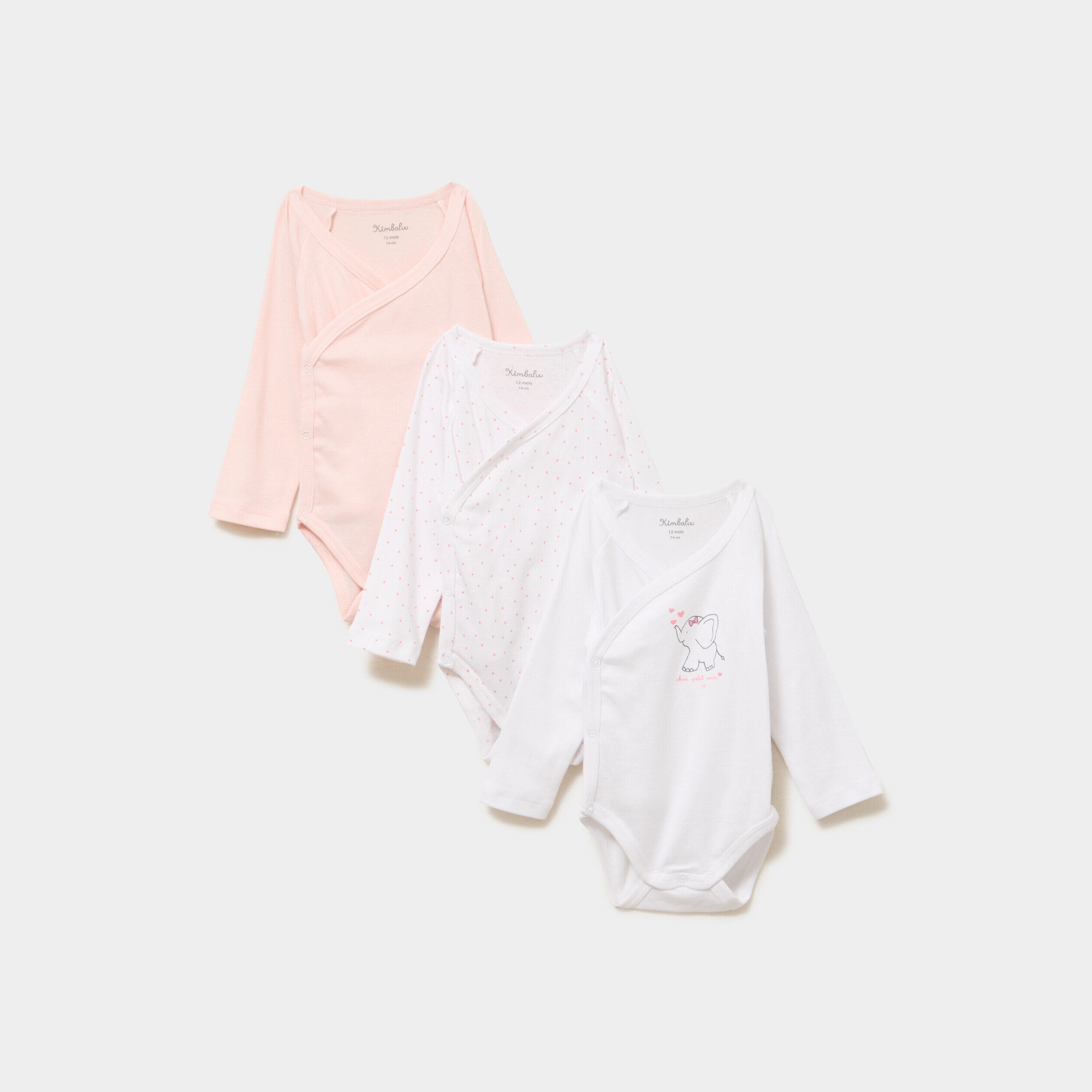 Lot 3 bodies croisés manches longues rose clair bébé
