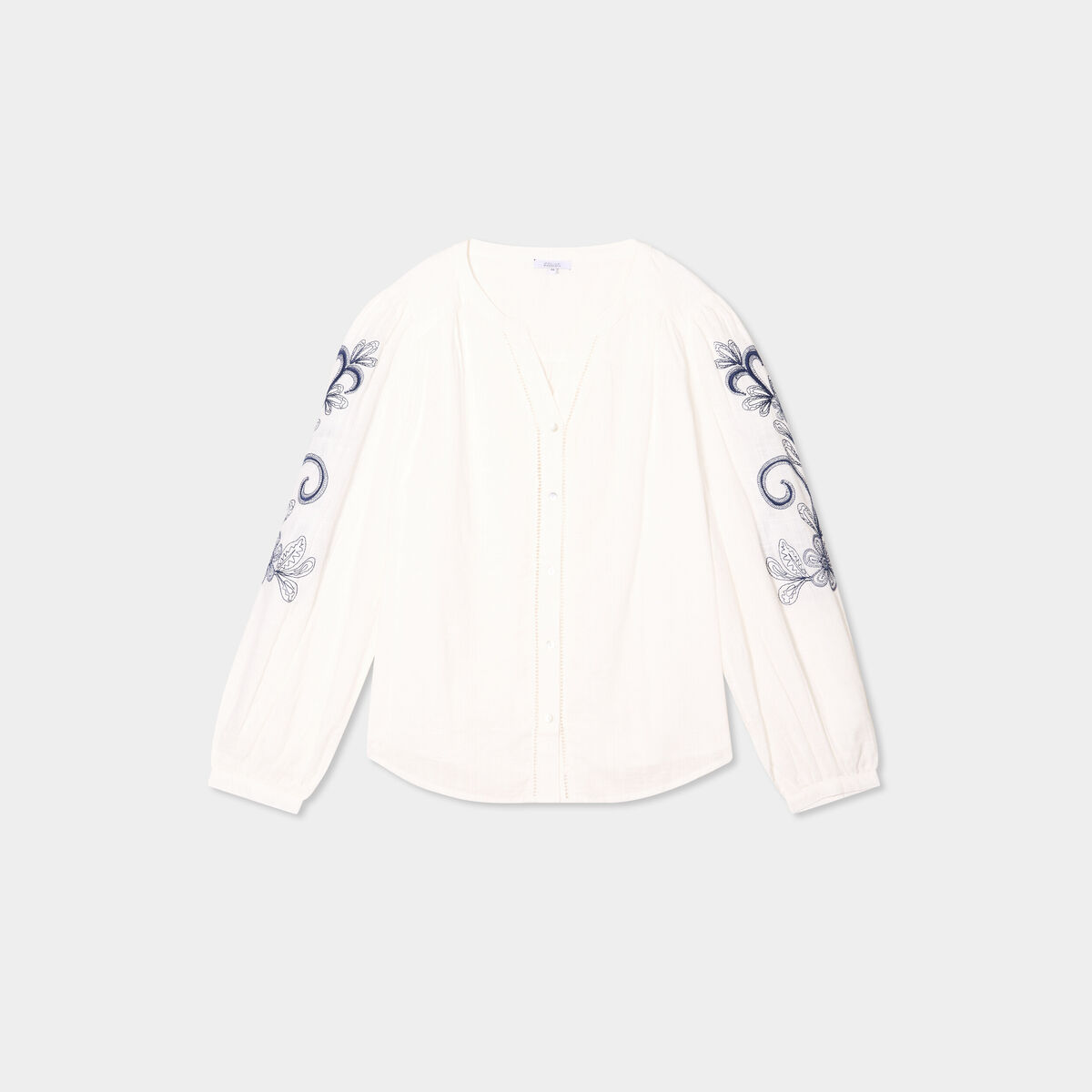 Blouse manches brodées col tunisien blanc femme grande taille