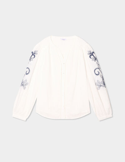 Blouse manches brodées col tunisien blanc femme grande taille