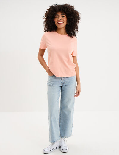 T-shirt col rond manches courtes coton rose poudr&eacute;e femme