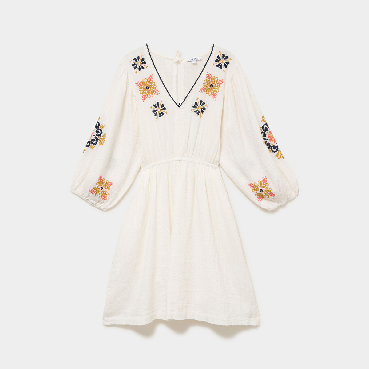 Robe courte brod&eacute;e taille &eacute;lastiqu&eacute;e ecru femme