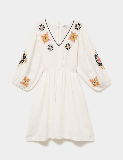 Robe courte brod&eacute;e taille &eacute;lastiqu&eacute;e ecru femme