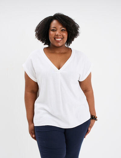 Blouse col V manches courtes mélange lin blanc femme grande taille