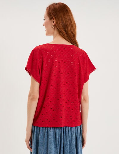 T-shirt dentelle avec boutons rouge femme
