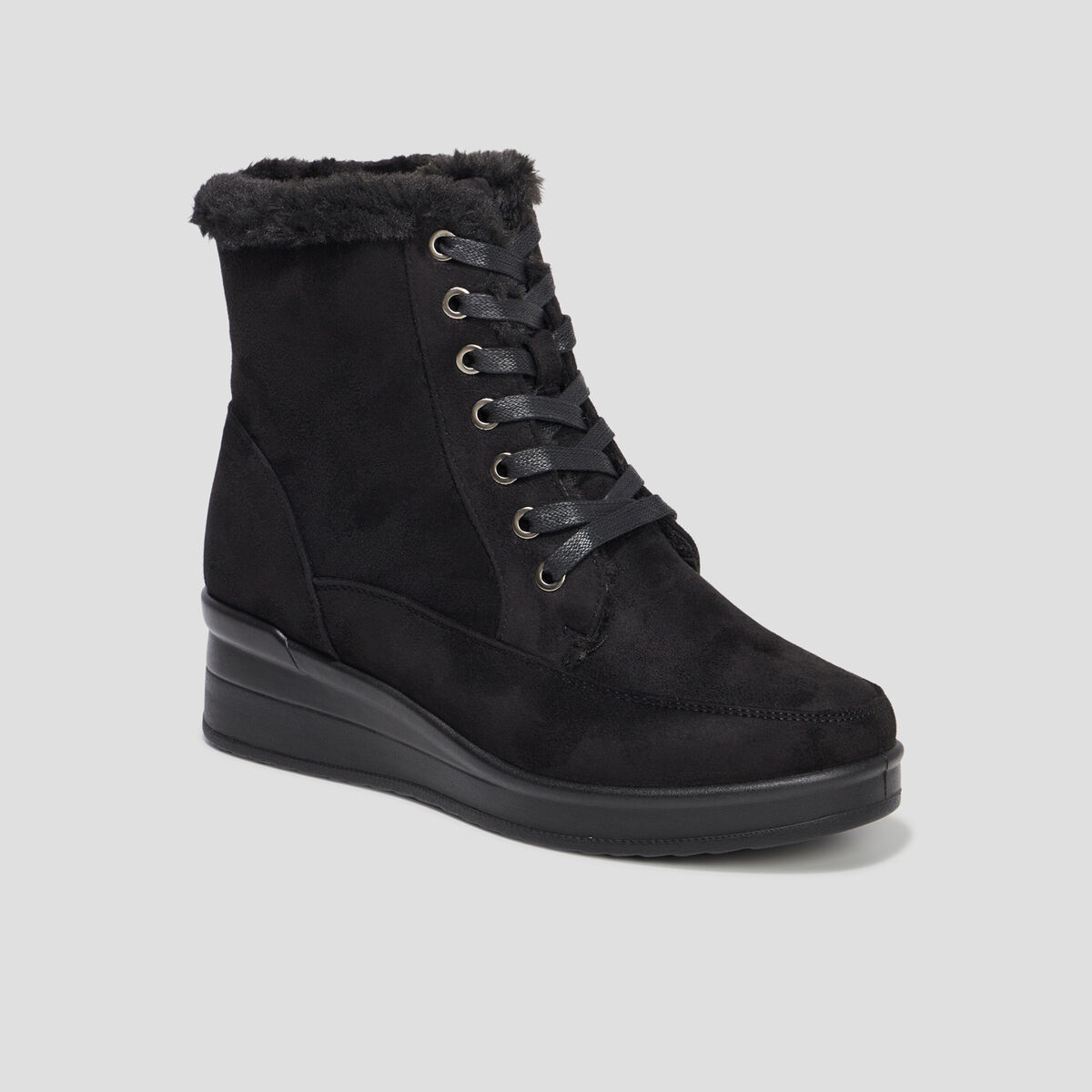 Bottines fourrées compensées pied large noir femme