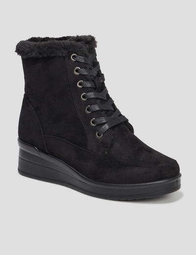 Bottines fourrées compensées pied large noir femme