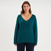 Pull fin col en V manches longues vert fonc&eacute; femme grande taille