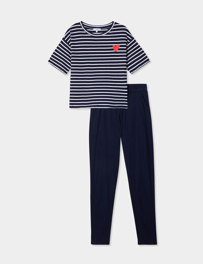 Ensemble pyjama pantalon 2 pièces coton bleu marine femme