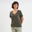 T-shirt manches courtes col en V coton vert kaki femme