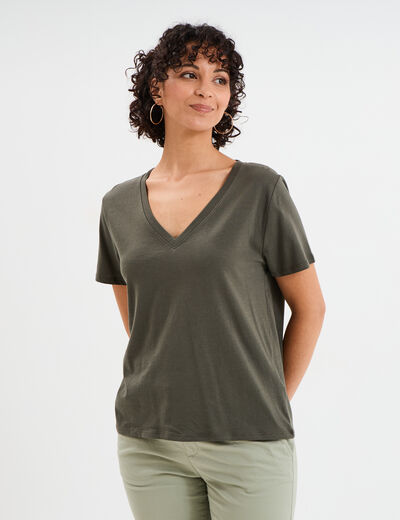T-shirt manches courtes col en V coton vert kaki femme
