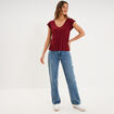 T-shirt col en V ajour&eacute; &eacute;paules et dos bordeaux femme