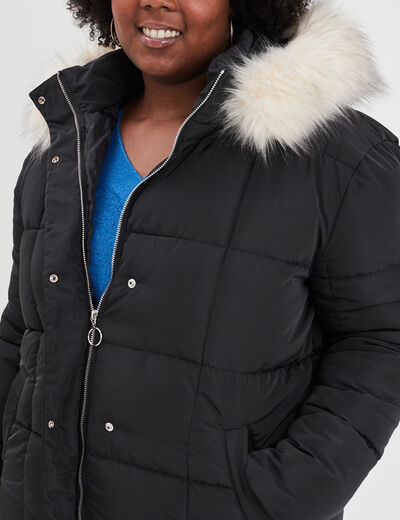 Doudoune à capuche fausse fourrure noir femme grande taille