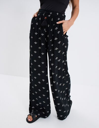 Pantalon fluide large crêpe noir femme