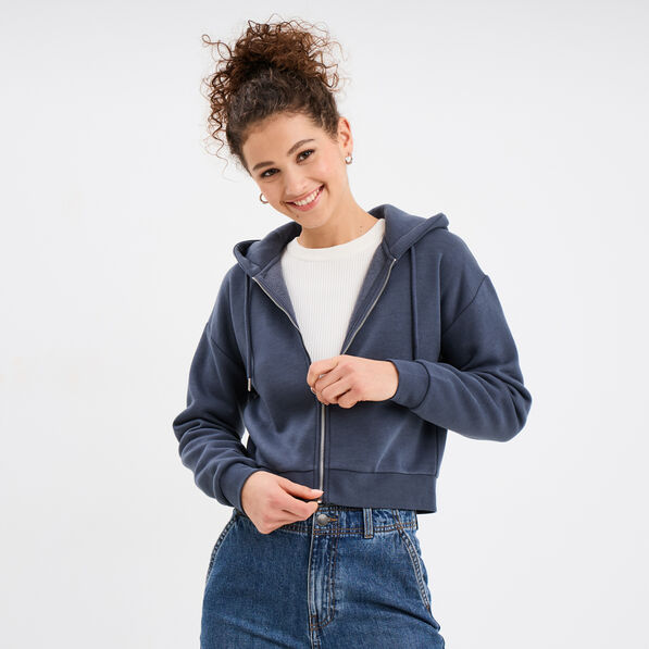 Sweat zippé à capuche court bleu gris femme
