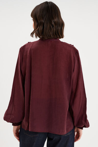 Blouse manches longues col V &agrave; volants violet fonc&eacute; femme