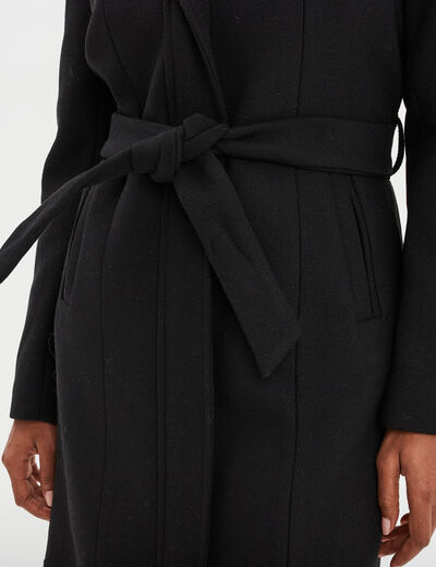 Manteau long ceinturé à capuche noir femme