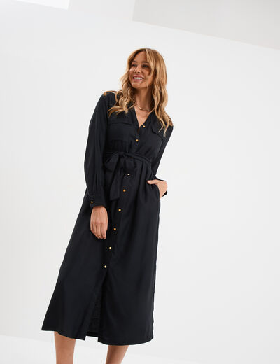 Robe chemise longue ceintur&eacute;e noir femme