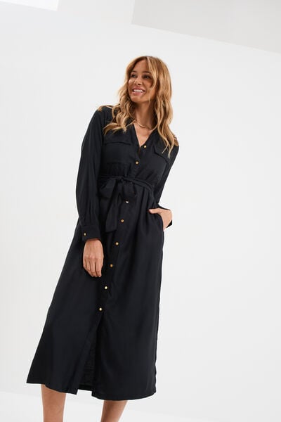 Robe chemise longue ceintur&eacute;e noir femme