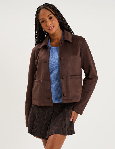 Veste paletot en su&eacute;dine boutonn&eacute;e marron fonc&eacute; femme