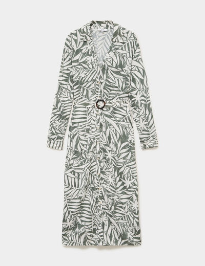 Robe chemise longue ceintur&eacute;e vert kaki femme