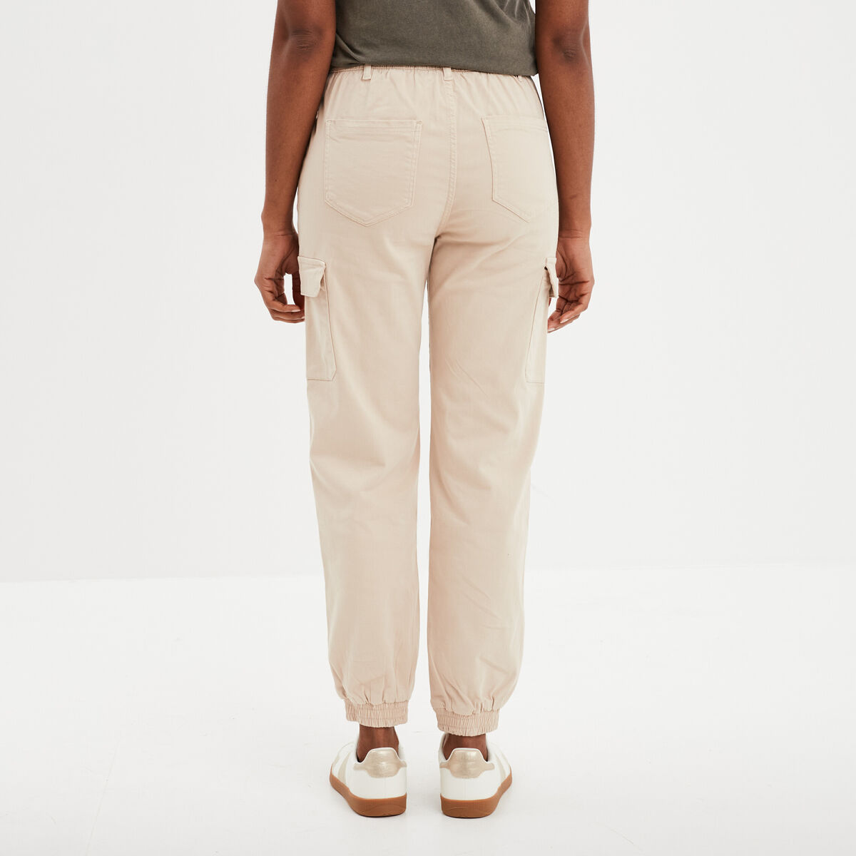 Pantalon cargo taille haute ajustable beige femme